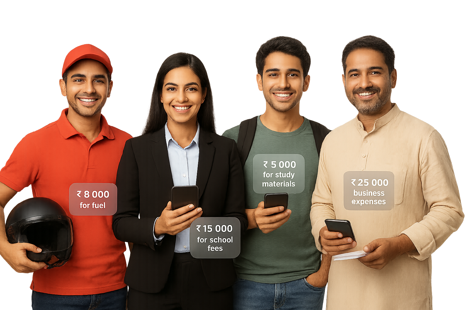 Different loan use cases showing people with various loan amounts for fuel, school fees, study materials, and business expenses
